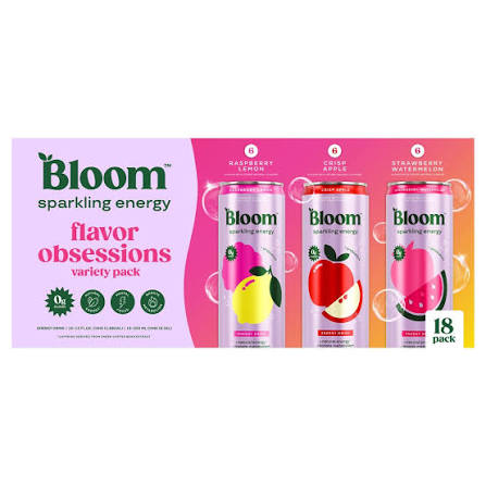 Bloom Sparkling Energy Drink, Flavor Obsessions Variety Pack, 12 fl oz,  18-count | Costco
