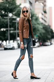 Blonde Woman Wearing Tan Leather Jacket Black Tshirt Denim Ripped Skinny Jeans Outfit Bla Jacket Outfit Women Leather Jackets Women Brown Leather Jacket Outfit