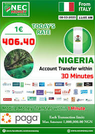 Nec Money Transfer Limited Today S Updated Rate From Italy For Nigeria In 2020 Money Transfer Rate Nigeria