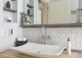 A wide variety of marble glass backsplash options are available to you, such as project solution capability, occasion, and function. Modern Vessel Sink Rustic Vanity Marble Penny Tile Backsplash Framed In Gray Stained Maple J Vanity Backsplash Penny Tile Backsplash Small Bathroom With Tub