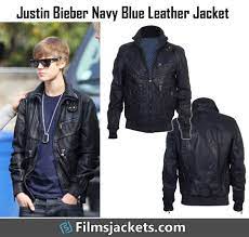 Justin Bieber Navy Blue Leather Bomber Jacket Jackets Leather Bomber Jacket Casual Jacket