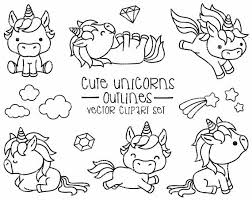 Premium Vector Clipart Kawaii Unicorns Outlines Cute Etsy Kawaii Unicorn Unicorn Outline Unicorn Coloring Pages