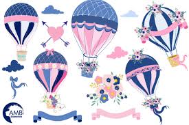 A ramshackle hot air balloon, with propellers and fins in striped carnival colours appear in this antique victorian print. Hot Air Balloons In Pink And Blue Clipart Graphics Illustration Amb 1394 By Ambillustrations Thehungryjpeg Com