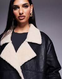 Princess Polly Leather Look Contrast Faux Shearling Button Front Longline  Coat in Natural