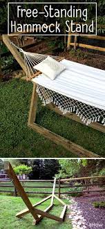 The stand features lots of braces to handle all the lateral and longitudinal movements. How To Make A Free Standing Hammock Stand Hunker Backyard Hammock Diy Hammock Backyard Staycation