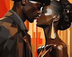 Embrace in Elegance: A Digital Painting of a Loving Black Couple Kissing,  Infused With Wealthy Portraiture and Graphic Elements