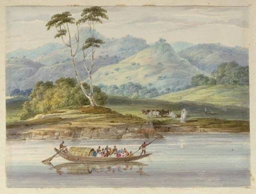 PEOPLE OF INDIA PHOTOS: River boat filled with people in the foreground, cows on the river bank and wooded hills beyond, near Udhua Nullah, Santal Parganas District--Artist: D'Oyly, Sir Charles (1781-1845) Medium:
