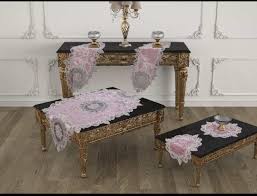 Güpür salon takımı, 5 parça kadife salon örtüler, anglez salon örtü takımı, üzümlü angles salon takımı, el işi salon takımı örtüleri. 5 Parca Kadife Salon Takimi Pudra Cyz 01 Ceyizci