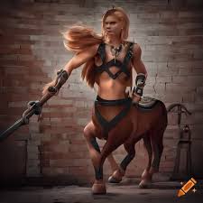 Young centaurs in a brick building; leather body harness, smooth, cute,  high definition, close-up, warrior, realistic on Craiyon
