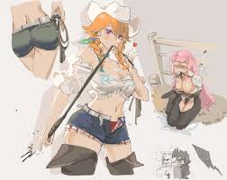 set7, j-chad, mori calliope, takanashi kiara, hololive, hololive english,  bdsm, bondage, boots, bound, bra, braid, breasts, chaps, cleavage, cowboy  hat, dominatrix, earrings, feather earrings, feathers, femdom, green bra,  hat, holding, holding weapon,