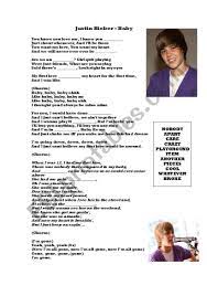 Baby Lyrics By Justin Bieber Esl Worksheet By Jonnyc81