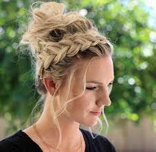 How To Crown Braid Messy Bun Bun Hairstyles Braided Hairstyles Updo Messy Bun With Braid