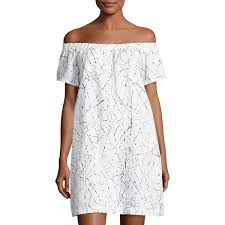 Neiman Marcus Off The Shoulder Linen Dress 59 Liked On Polyvore Featuring Dresses White Shift Dress Print White Short Dress Dresses White Shift Dresses