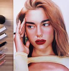 Colored pencil drawing of Dua Lipa. Drawn using Prismacolor