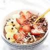 Oatmeal, soy milk, preserves, banana, nuts, salt, dried fruit. 1
