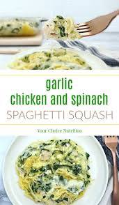 This Cheesy Garlic Chicken And Spinach Spaghetti Squash Is A Creamy And Delicious Meal Healthy Squash Recipes Spagetti Squash Recipes Spaghetti Squash Recipes