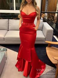 red mermadi satin formal dresses layered curvy prom dress with pockets fd2083 in 2021 prom dresses with pockets formal dresses for weddings mermaid evening dresses