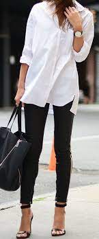 Winter Fashion White Shirt Black Skinny Jeans Black Sandals Black Leather Tote Bag September Outfits Fashion Trendy Outfits