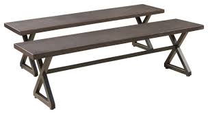 Our outdoor dining bench impresses with its sleek design, featuring a seat with wide wooden slats in a natural oil finish and chunky metal legs in matte. Gdf Studio Rosarito Outdoor Dining Bench With Black Steel Frame Set Of 2 Industrial Outdoor Benches By Gdfstudio Houzz