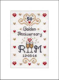Fun and quick to stitch as each element comes together to create a modern anniversary themed sampler for a special couple. Golden Wedding Anniversary Cross Stitch Card Kit Cross Stitch Cards Cross Stitch Kits Wedding Cross Stitch Patterns