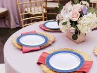White with Gold Spiral on Blue Rim Plastic Dinner Plates (10.25")
