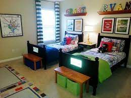 Shared Boys Room Benches Baskets Small Boys Bedrooms Small Room Bedroom Boys Room Decor