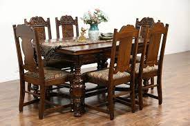 Find more on ~ www.inessa.com. Tudor 1925 Antique Carved Oak Dining Set Table 6 Chairs New Upholstery Oak Dining Room Table Antique Dining Room Furniture Oak Dining Sets