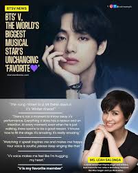📰World-renowned Filipina singer and actress Ms. Lea Salonga recently  mentioned BTS' V's song Winter Ahead in a Mother's Day interview, saying  she listens to it often. She expressed her admiration for V