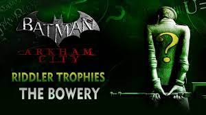 There's also a larger fence cage with three neon riddler question marks that you have to hit to open the trophy cage. Batman Arkham City Riddler Trophies The Bowery Youtube