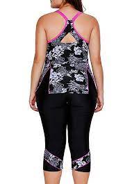 Plus Flower Print Black Top And Swimwear Cropped Pants Modlily Com Usd 31 75 Plus Size Swimwear Swimwear Black Tankini