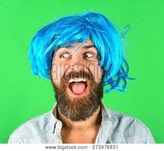 Thousands of free images to choose from. Funny Bearded Man Wearing Blue Wig Handsome Bearded Man With Stylish Mustache In Wig Fashion Art And Creativity Concept Barbershop Hipster In Periwig Happy Stylish Man In Blue Hair Copy Space Poster