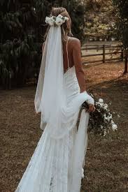 Boho Spaghetti Strap Open Back Lace Wedding Dress With Train In 2020 Dream Wedding Dress Lace Best Wedding Dresses Wedding Dresses Lace
