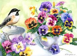Pansies In A Teacup Painting Floral Wall Art Pansies Colorful Wall Art