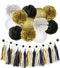 Black And Gold Pom Poms Decorations Amazon Com Nicrolandee Black Gold Party Decorations Tissue Paper Pom Poms Flowers Han In 2020 Black And Gold Party Decorations Black Gold Party Gold Party Decorations