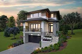 A shed roof slopes in only one direction, with no gable peak. Sloping Lot 3 Story Modern Style House Plan 5331 Mahoney