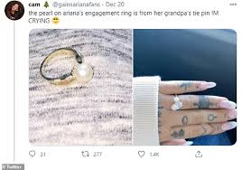 — ariana grande (@arianagrande) october 28, 2014 the addition of the pearl on her ring may also be sentimental. Ariana Grande S Fans Speculate Her Engagement Ring Pays Homage To Her Late Grandfather Daily Mail Online