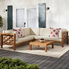 Hampton Bay Willow Glen Farmhouse Teak Wood Outdoor Patio Sectional Sofa With Beige Cushions And Co In 2020 Patio Sectional Outdoor Sectional Sofa Teak Patio Furniture