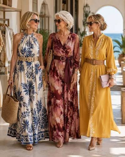 I love elegant fashion. Boutique style ✨ 1. Yellow floral maxi dress + red  crossbody bag + matching sandals. 2. Soft floral maxi dress + beige belt +  woven handbag. 3. Blue