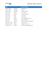List of dates for other years. Ethiopia Holidays 2022 In Pdf Word And Excel