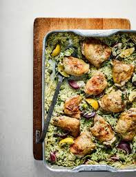Chicken Tray Bake With Lemon Olives And Orzo Recipe Chicken Tray Bake Recipes Tray Bake Recipes