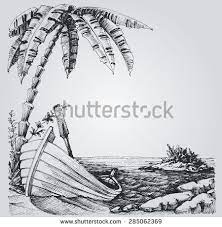 Tropical Island Sketch Sea Shore Palm Trees And Boat Summer Design Beach Sketches Landscape Pencil Drawings Art Drawings Sketches Simple