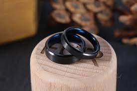 Tungsten Couple Rings Black And Blue With Brushed Center Ruby Wedding Rings Tungsten Couple Rings Black Rings