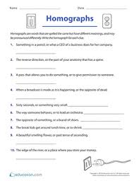 There are also choice activities that you can assign as extensions. Homograph Clues Worksheet Education Com