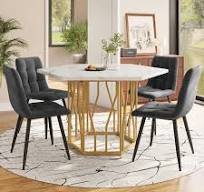 Conjunto jantar 5 peças – Mesa hexagonal mármore pernas douradas + 4  cadeiras veludo cinza, restaurante quente moderno