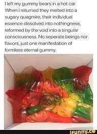 I Left My Gummy Bears In A Hot Cat When I Returned They Melted Into A Sugary Quagmire Their Individual Essence Dissolved Into Nothingness Reformed By The Void Funny Memes About
