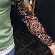 Compass And Rose Arm Sleeve And Bicep Tattoo Best Full Arm Sleeve Tattoos For Men Cool Sleeve Tattoo D Best Sleeve Tattoos Rose Tattoo Sleeve Sleeve Tattoos