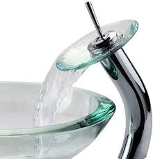 glass vessel sink with waterfall faucet