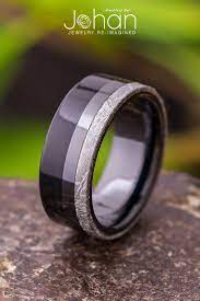 This Masculine Meteorite And Black Ceramic Wedding Band Is Adorned With Ebony Wood For A Dark Mysterio Mens Wedding Rings Ceramic Wedding Bands Wedding Rings