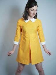 1960 S Reproduction Mod Dress Suzy Bishop Style Sunflower Yellow And White Polkadot Contrast Peter Pan Collar And Cuffs Mod Dress Mod Dress 60s Gogo Dress