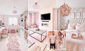 Same blush pink gray and rose gold living room decor but with a gray sofa. Wigan Mother Spends 50k Transforming Her Four Bedroom Home Into A Pink And Rose Gold Palace Daily Mail Online